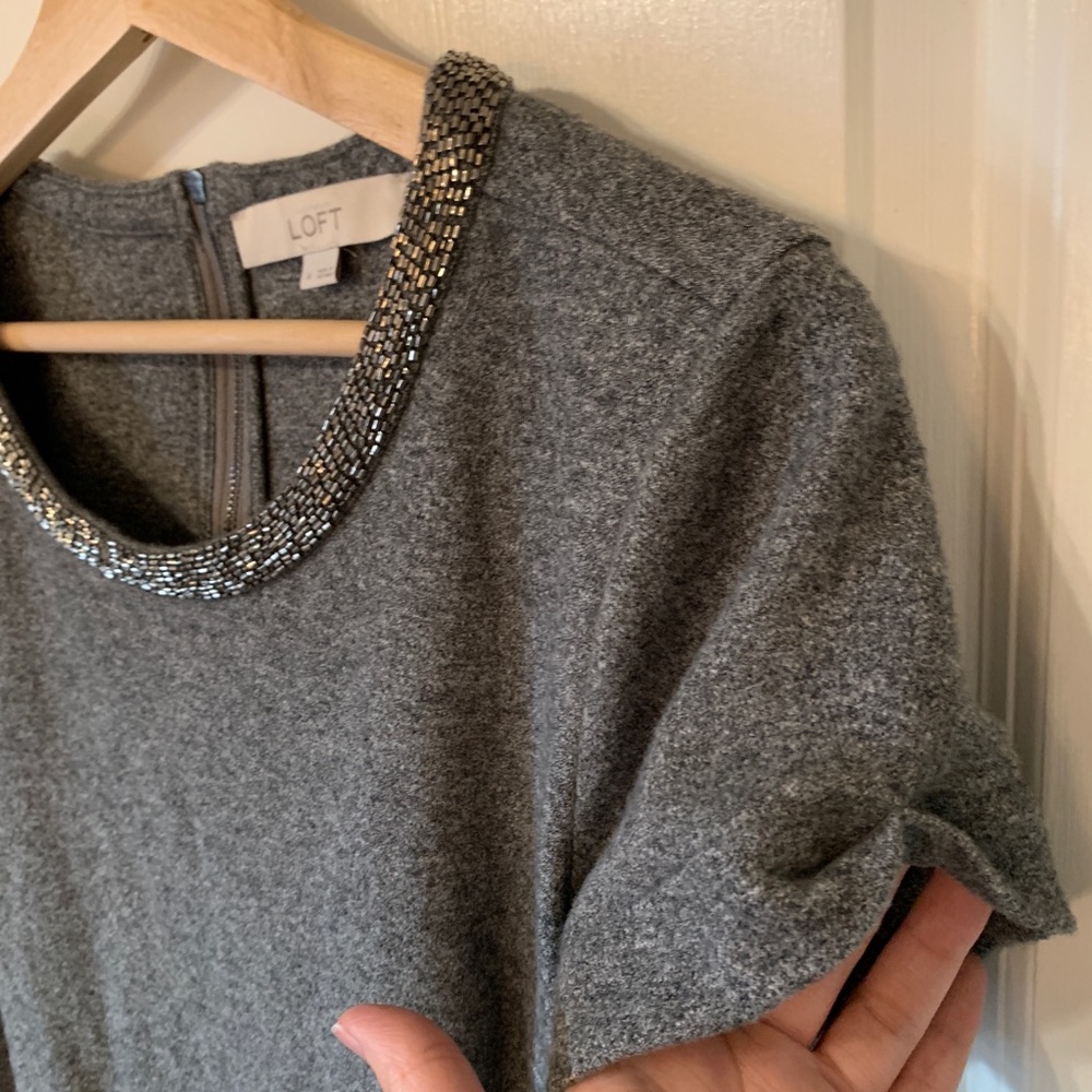 Loft gray knit dress with silver bead neck detail